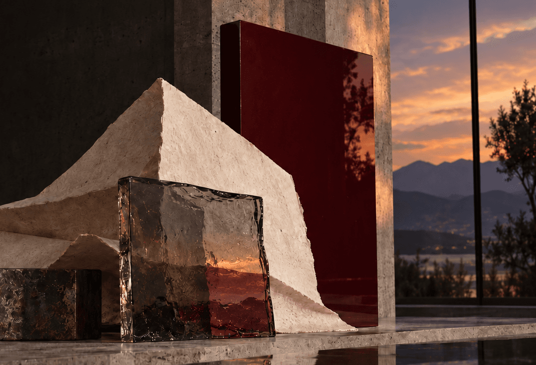 Material studies arranged in a sunset-lit studio