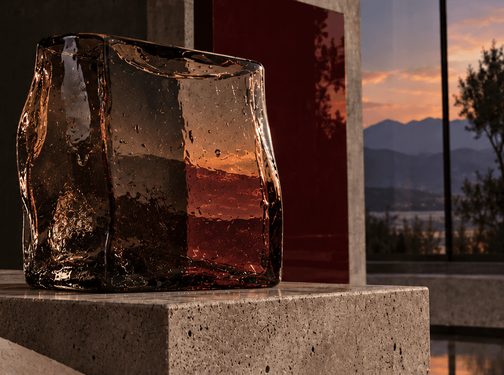 Hand-cast smoked glass vessel in warm sunset light