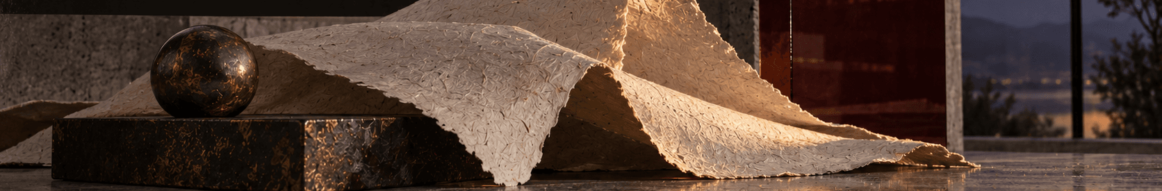 Handmade paper draped over a dark block in warm studio light